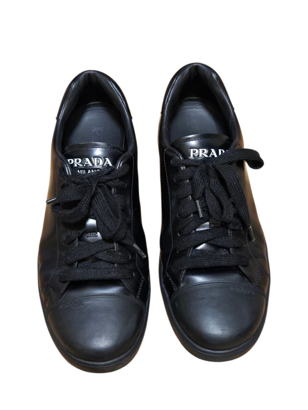 Prada Milano Black Classic Logo Leather Tennis Sneakers